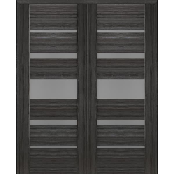 Kina 48 in. x 80 in. Solid Core Both Active 5-Lite Frosted Glass Gray Oak Wood Composite Double Prehung Interior Door