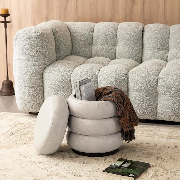 Glitzhome 15.50 in. W Modern Cool Round Gray Upholstered  End Table or Storage Ottoman or Accent Stool