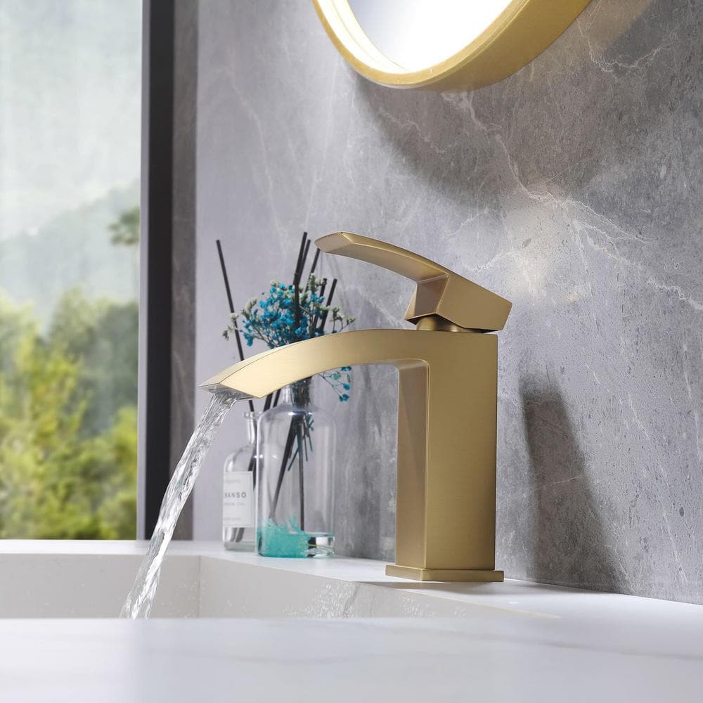 Brushed Gold Brass Single Handle Bathroom Faucet with Deck Plate