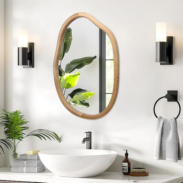 Brown 32 in. W x 22 in. H Irregular Wavy Wood Framed Wall Mirror,Abstract Asymmetrical Decorative Mirror for Living Room
