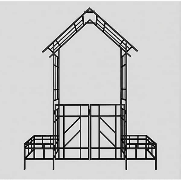 97.24 in. x 80.71 in. Black Metal Garden Arch with Gate and Planter-Outdoor Climbing Plant Arbor Trellis Support