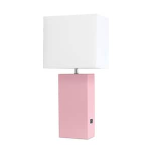 21 in. Pink Modern Leather Table Lamp with USB and White Fabric Shade