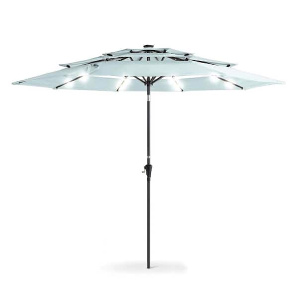 10 ft. Steel 3-Tier Solar Patio Umbrella in Baby Blue