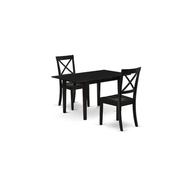 East West Furniture 3-Piece Black Finish Rectangular Solid Wood Top With Butterfly Leaf Dining Table Set