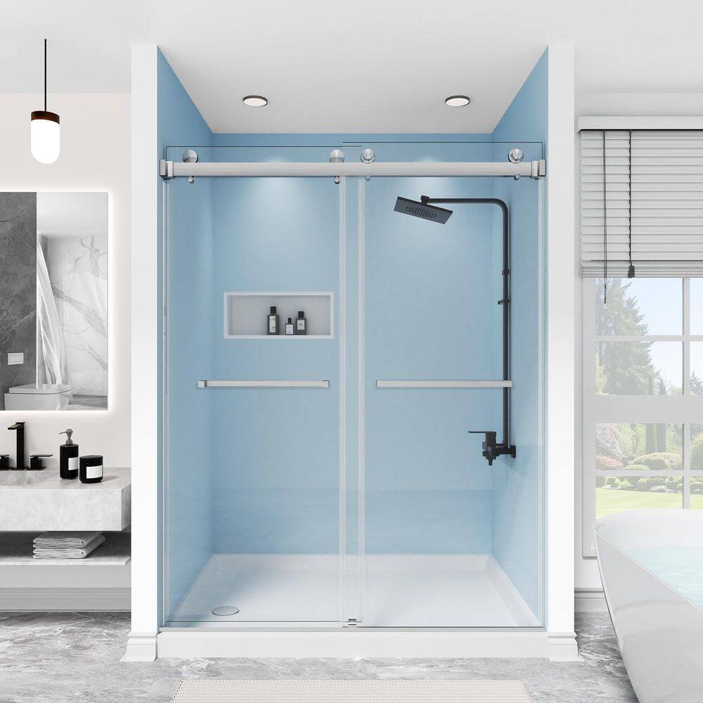 68-73 in. W x 80 in. H Double Sliding Frameless Shower Door in Brushed Nickel with 3/8 in. Clear Glass, 2-Towel Bars price history on PriceWatchPro