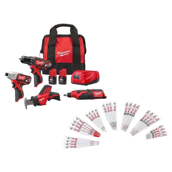 Milwaukee M12 12V Li-Ion Cordless 4-Tool Combo Kit w (2) Compact 1.5Ah Batteries, Charger with Reciprocating Saw Blade Set (32-Pc)