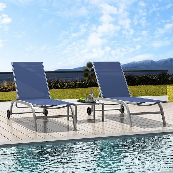 Clihome Outdoor Lounge Chairs for Outside with Wheel and 5 Adjustable Position Blue, 2 Lounge Chairs Plus 1 Table