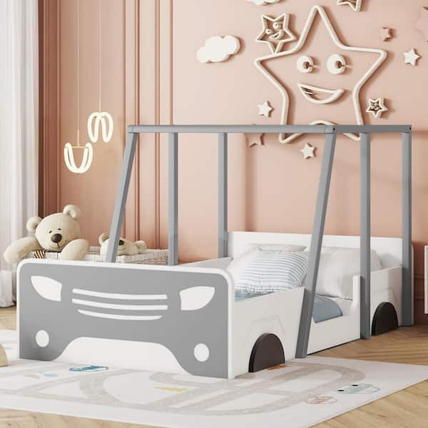 Harper & Bright Designs Gray Wood Frame Twin Size Car-shaped Platform Bed with Roof, Wheels and Door Design, Guardrails