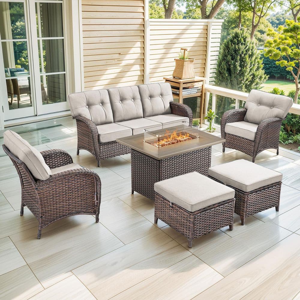 Brynn 6-Piece Patio Conversation Set with Fire Pit Table Rattan Outdoor Sofa Seating Furniture Set with Beige Cushions price history on PriceWatchPro