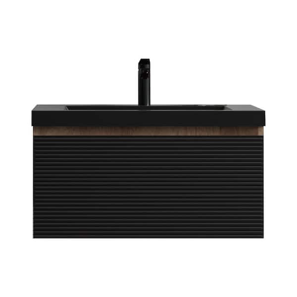 Crius 30 in. Single Ink Black Bath Vanity Wall-Mounted Floating Vanities with Matte Black Resin Stone Top 1-Drawers