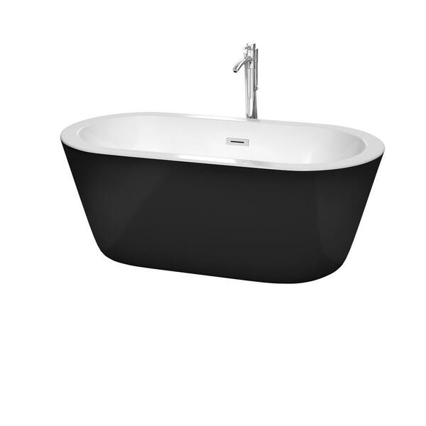 Wyndham Collection Mermaid 60 in. Acrylic Flatbottom Center Drain Soaking Bathtub in Black with Floor Mounted Faucet in Chrome