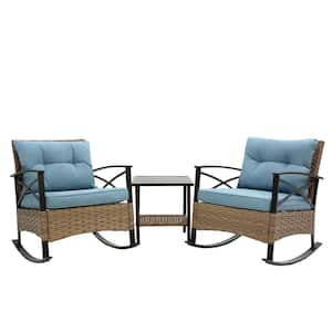 Wicker Outdoor Rocking Chair with Blue Thick Cushions and Steel Side Table, Rattan 3-Piece Leisure Conversation Set