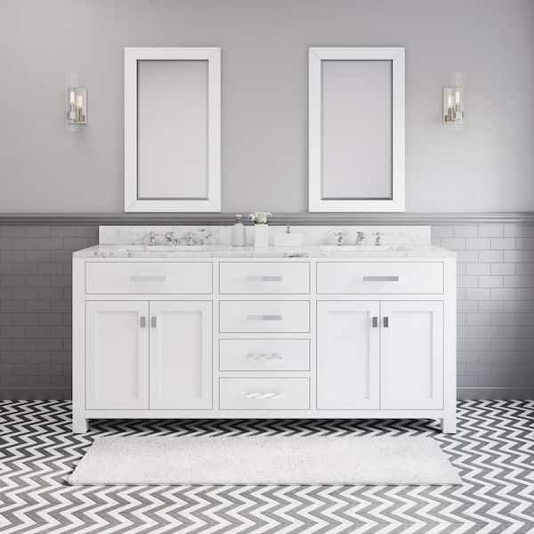Water Creation 72 in. W x 21 in. D Vanity in White with Marble Vanity Top in Carrara White, 2 Mirrors and Chrome Faucets