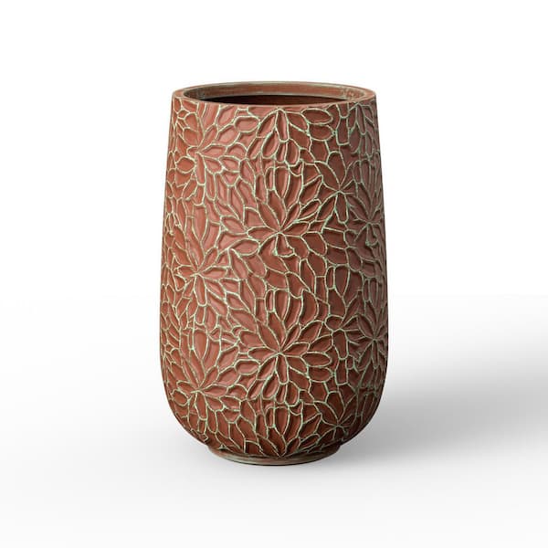 22 in. H Tall Round Concrete Flower Pot w/ Floral Pattern, Cylindrical Shape w/ Drainage Holes, Teal(Enhanced Interior)