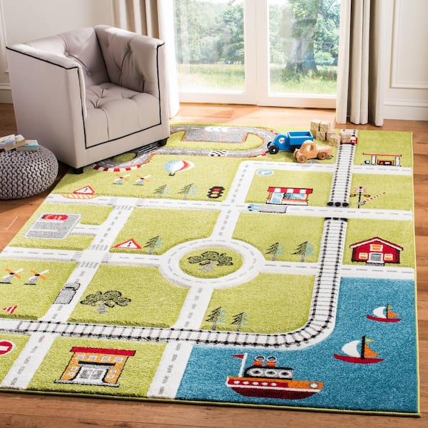 Carousel Kids 3 ft. x 3 ft. Square Green/Ivory Geometric Area Rug