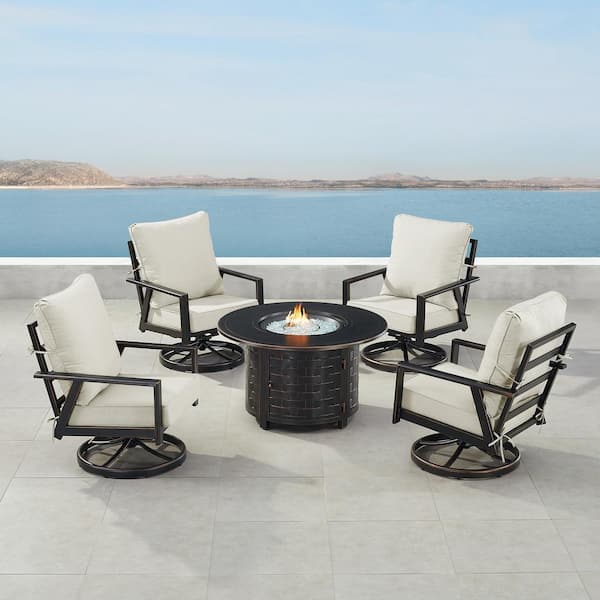 Oakland Living Black 7-Piece Aluminum Patio Fire Pit Set with 4-Club Chairs Light Grey Cushions