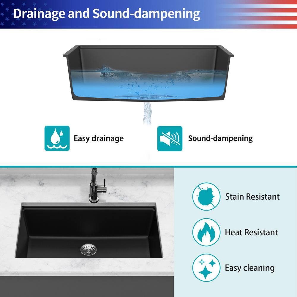 30'' Black Quartzite Undermount Single Bowl Kitchen Sink