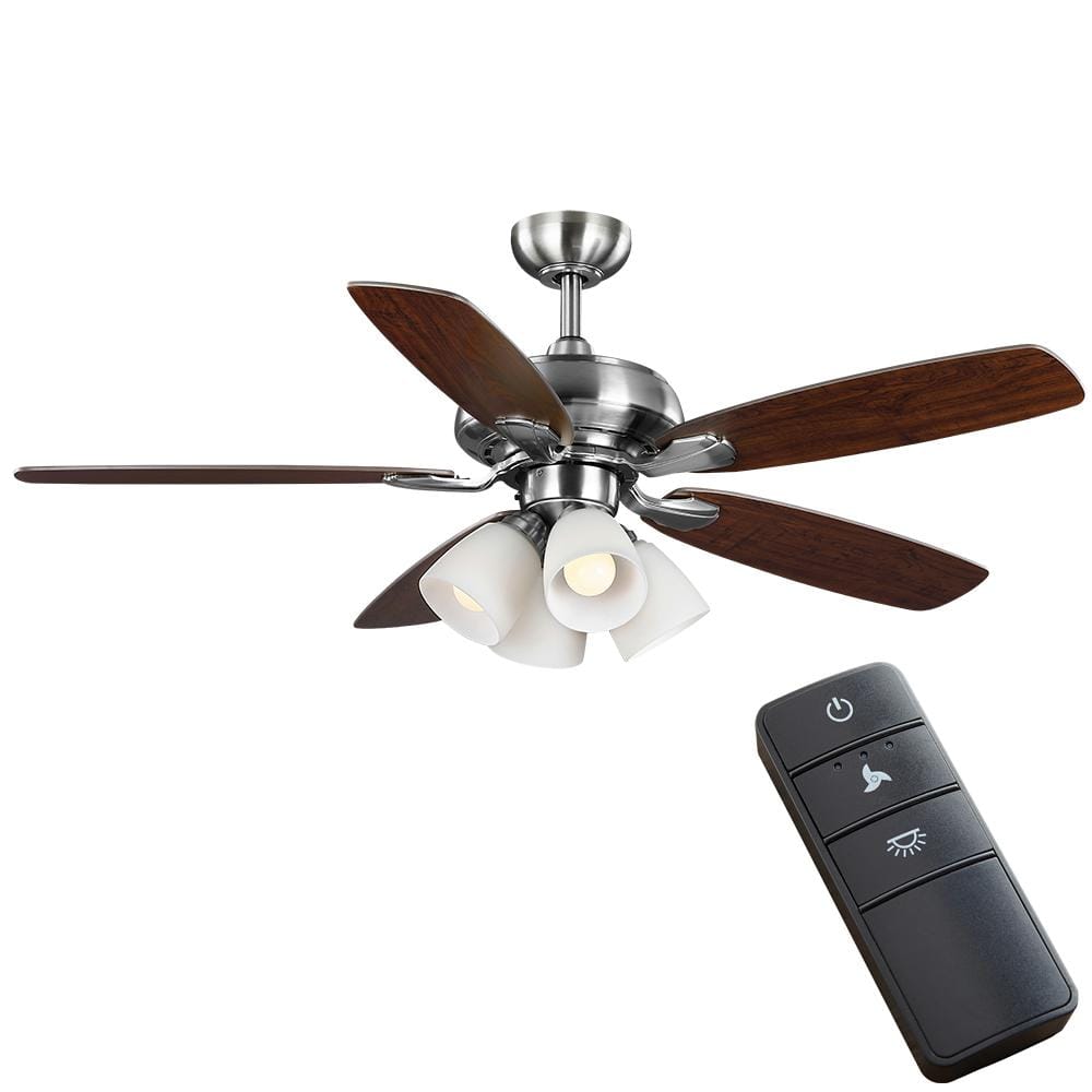 Hampton Bay Hollis 52 in. Indoor LED Brushed Nickel Dry Rated Ceiling Fan with 5 Reversible Blades, Light Kit and Remote Control