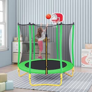 65 in. Green Trampoline with Safety Enclosure Net and Basketball Hoop