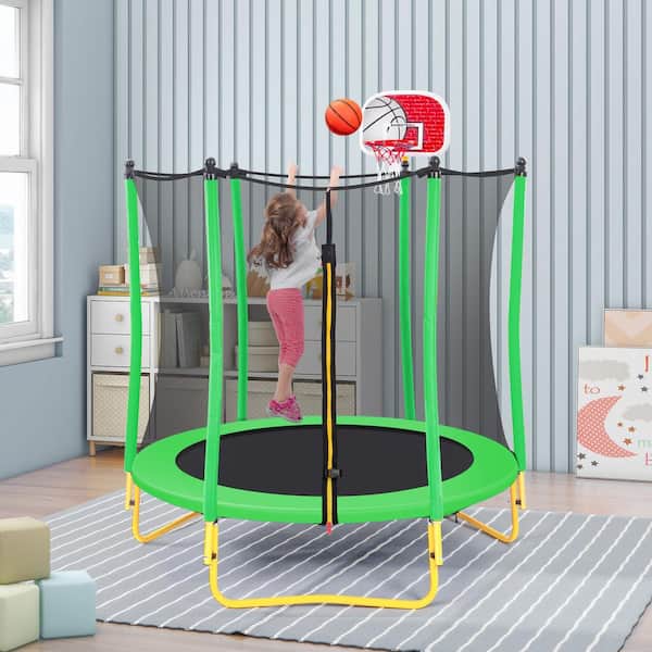 Nestfair 65 in. Green Trampoline with Safety Enclosure Net and Basketball Hoop