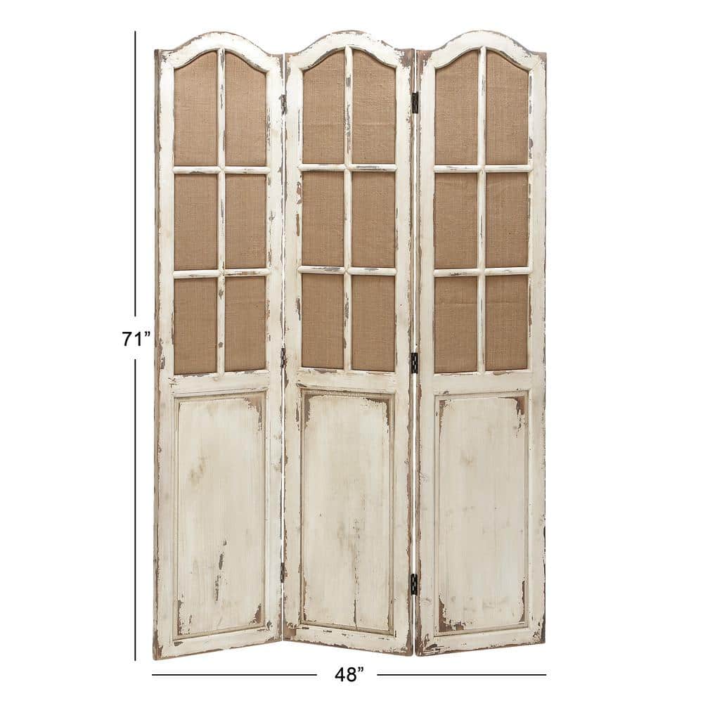 Beige and White Fir Wood Triple Panel Folding Privacy Screen