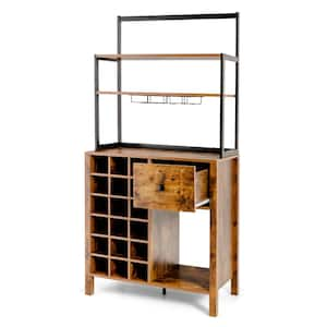 Kitchen 18-Bottle Bakers Rack Freestanding Wine Rack Table w/Glass Holder & Drawer Rustic