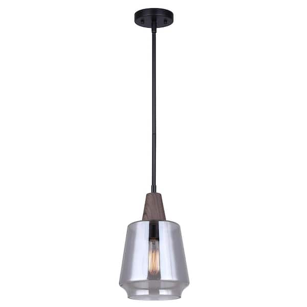 CANARM Dante 60-Watt 1 Light Matte Black and Faux Wood Unique and Elegant Pendant Light with Clear Glass Shade