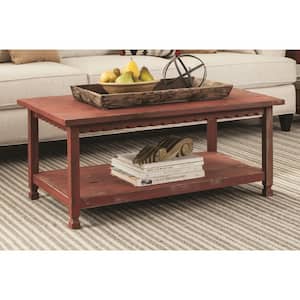 Country Cottage 42 in. Red Large Rectangle Wood Coffee Table with Shelf