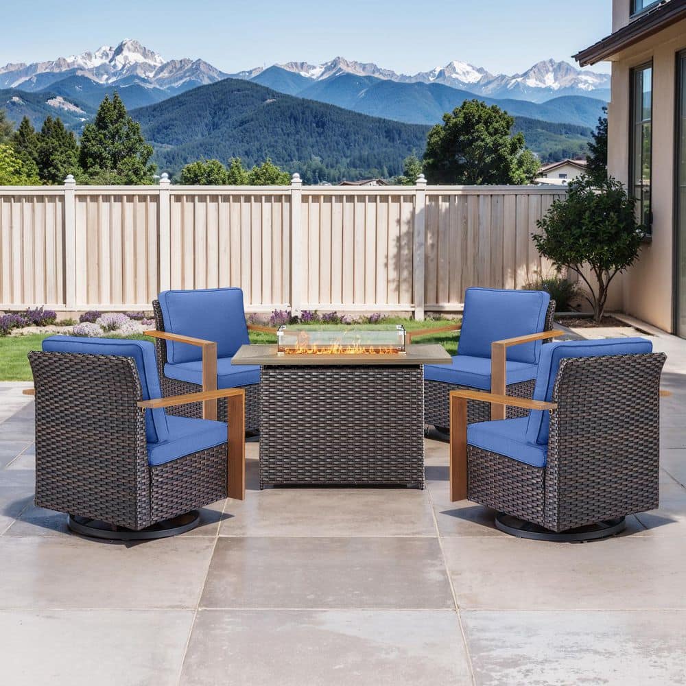 Funky 5-Piece Wicker Patio Conversation Set with 50000 BTU Gas Fire Pit Table and Swivel Glider Chairs with Blue Cushion price history on PriceWatchPro