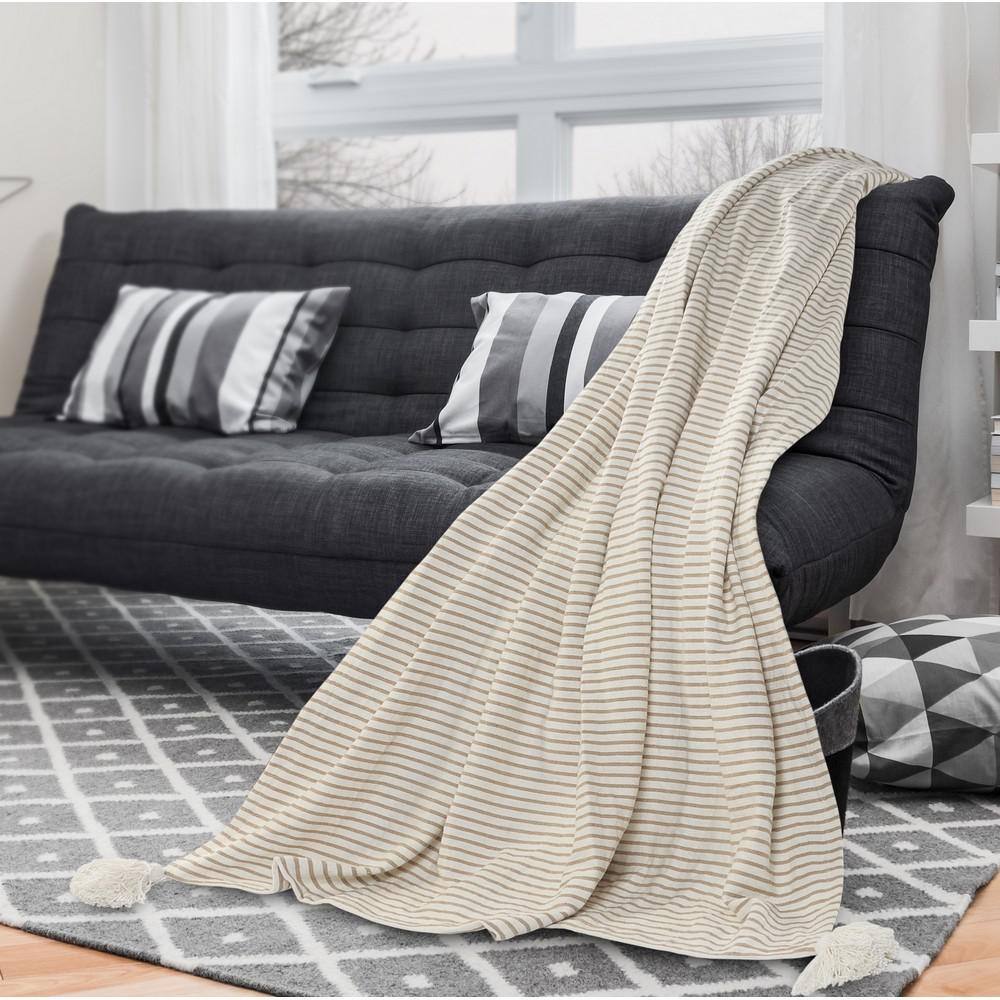 Ivory and Beige Striped Cotton Throw Blanket with Tassels