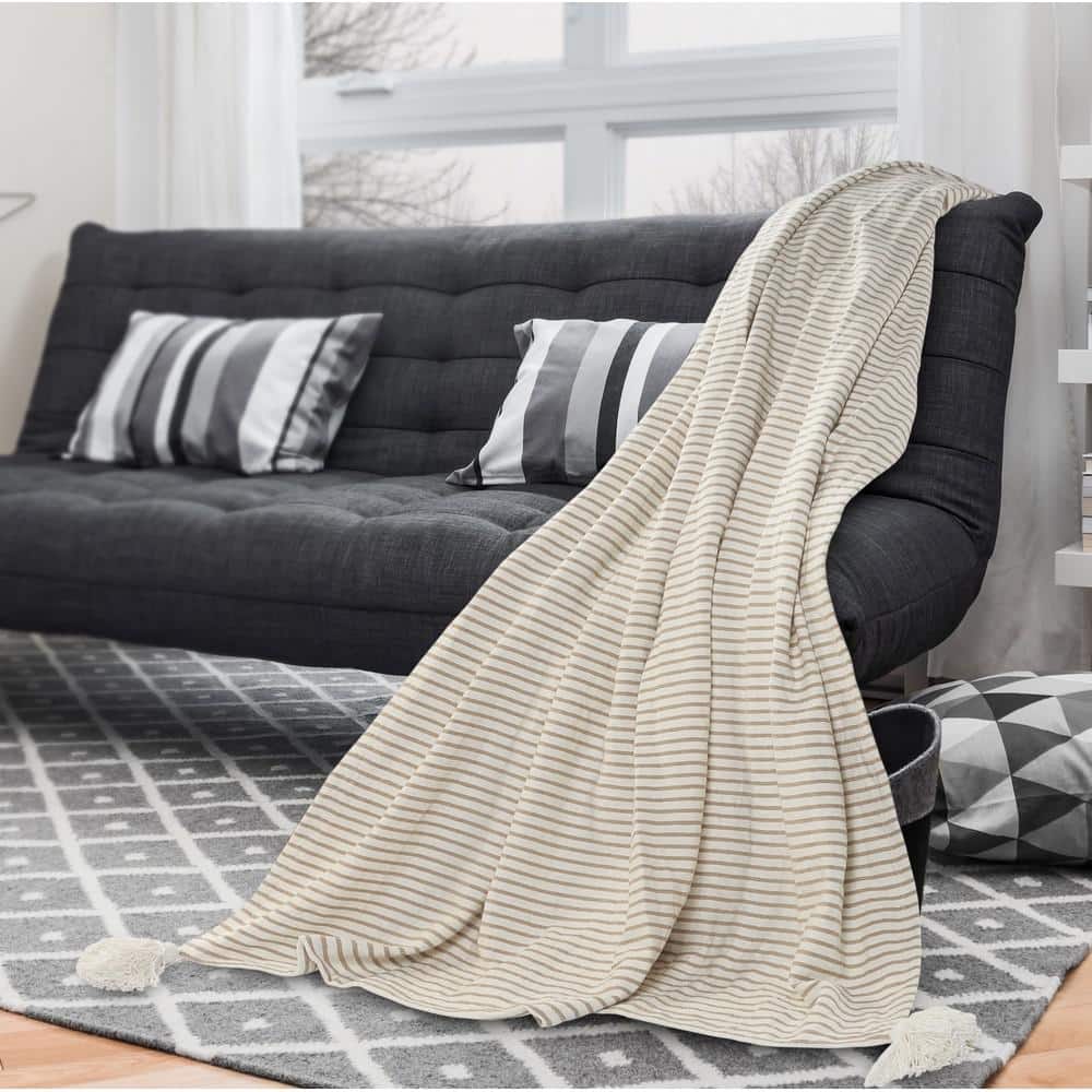 Ivory and Beige Striped Cotton Throw Blanket with Tassels
