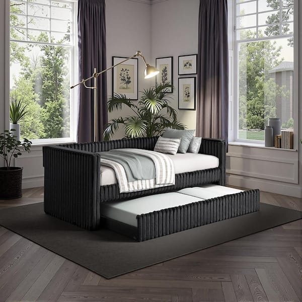 Jazz Black Corduroy Fabric Upholstered Twin Daybed with Trundle