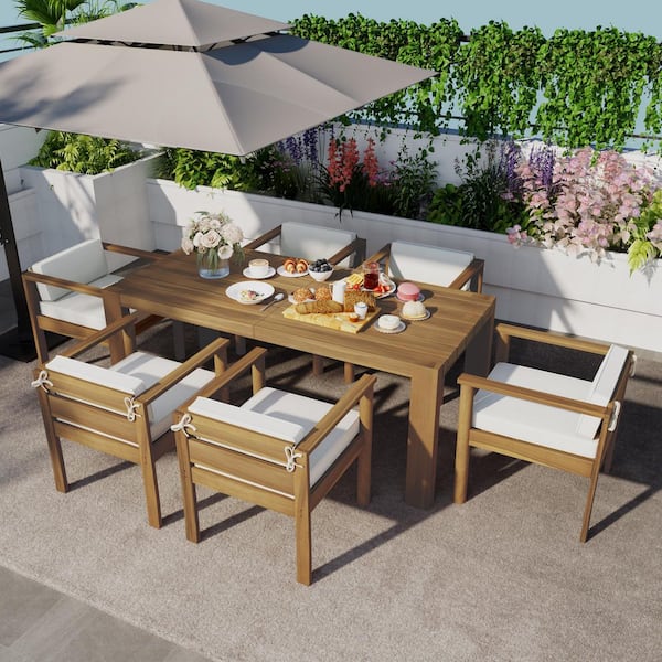 Light Teak 7-Piece Acacia Wood Outdoor Dining Set with Removable Beige Cushions, 6 Armchairs