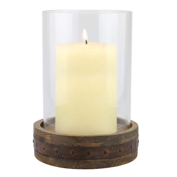 Stonebriar Collection 9 in. H Brown Rustic Wood and Metal Pillar Candle Holder