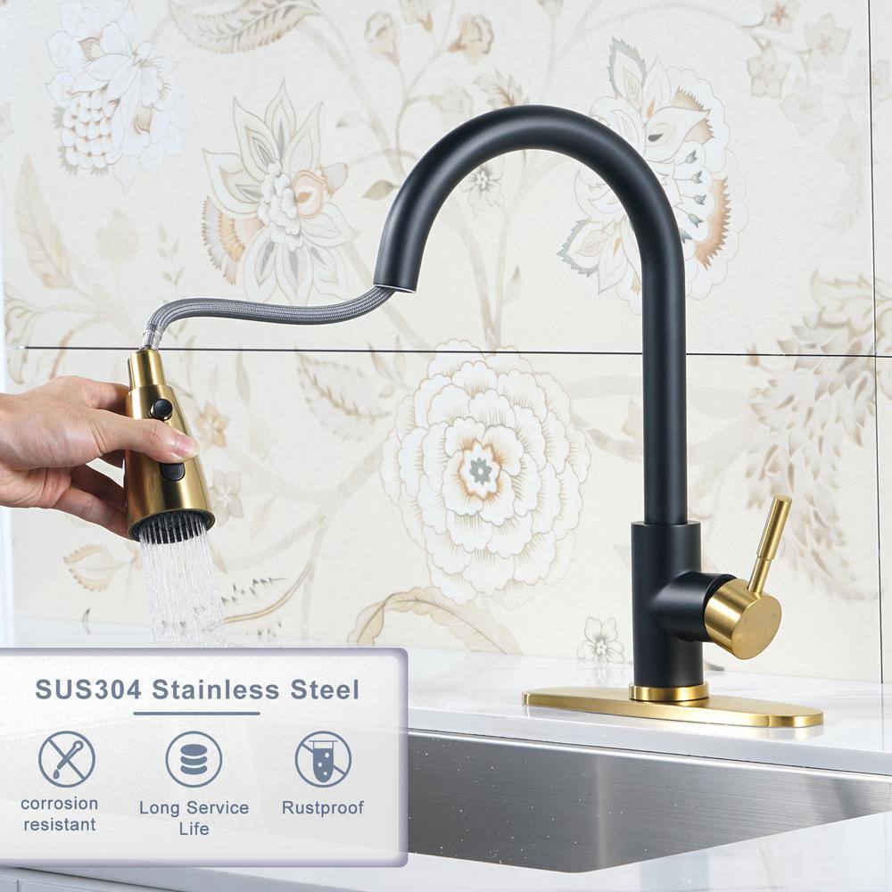 Black and Gold Stainless Steel Pull Down Kitchen Faucet with Sprayer