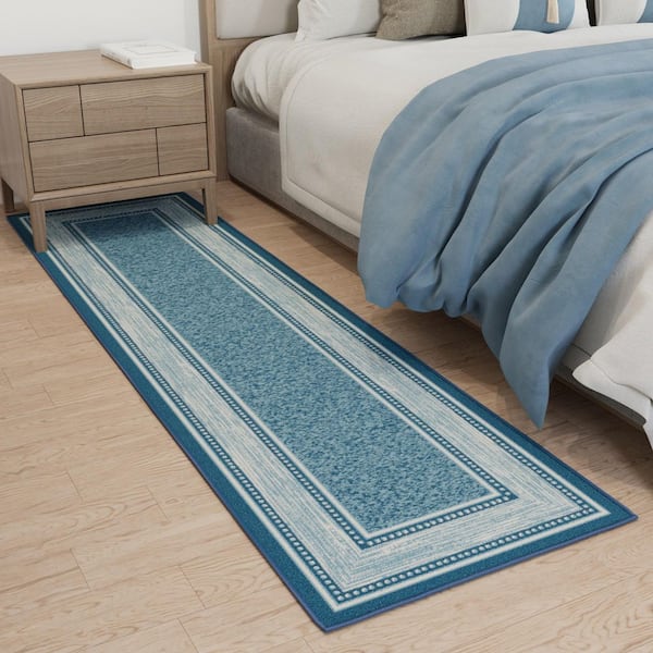 Ottohome Collection Non-Slip Rubberback Bordered Design 2x7 Indoor Runner Rug, 1 ft. 10 in. x 7 ft., Teal Blue