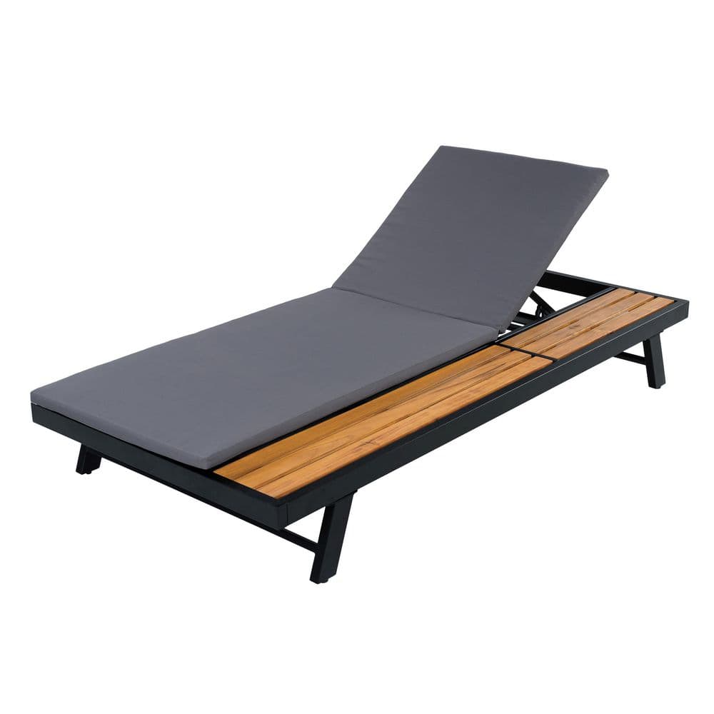 Camilla Black Metal Adjustable Patio Outdoor Chaise Lounge with Dark Grey Cushions, Wood Side Storage Surface price history on PriceWatchPro