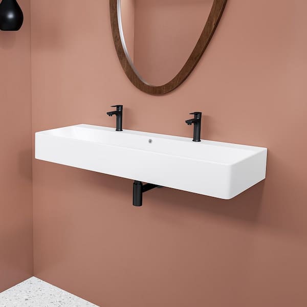 Turner 44 in. White Vitreous China Rectangular Wall-Mount Bathroom Trough Vessel Sink w/ Double Faucet Hole and Overflow
