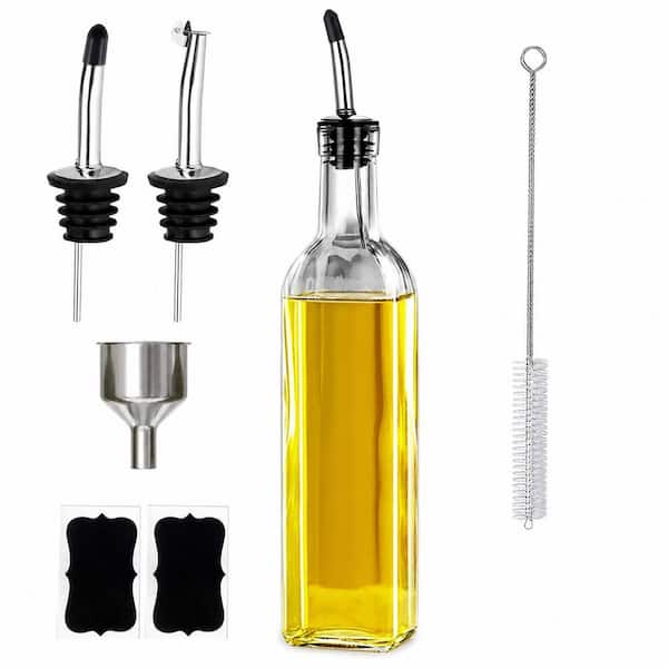 17oz Olive Oil and Vinegar Dispenser Bottle Set with 2 Stainless Steel Pourers, Labels, Brush and Funnel
