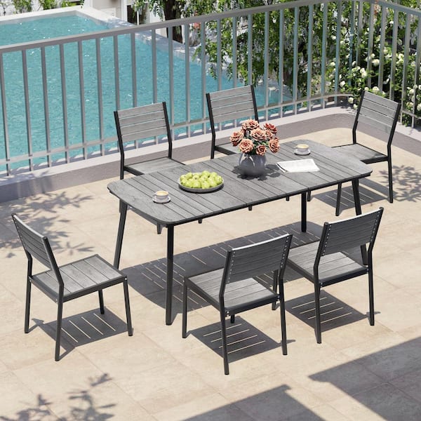 7-Piece Aluminum Patio Outdoor Dining Set Slat Rectangle Table with Umbrella Hole and Stacking Dining Chairs, Gray