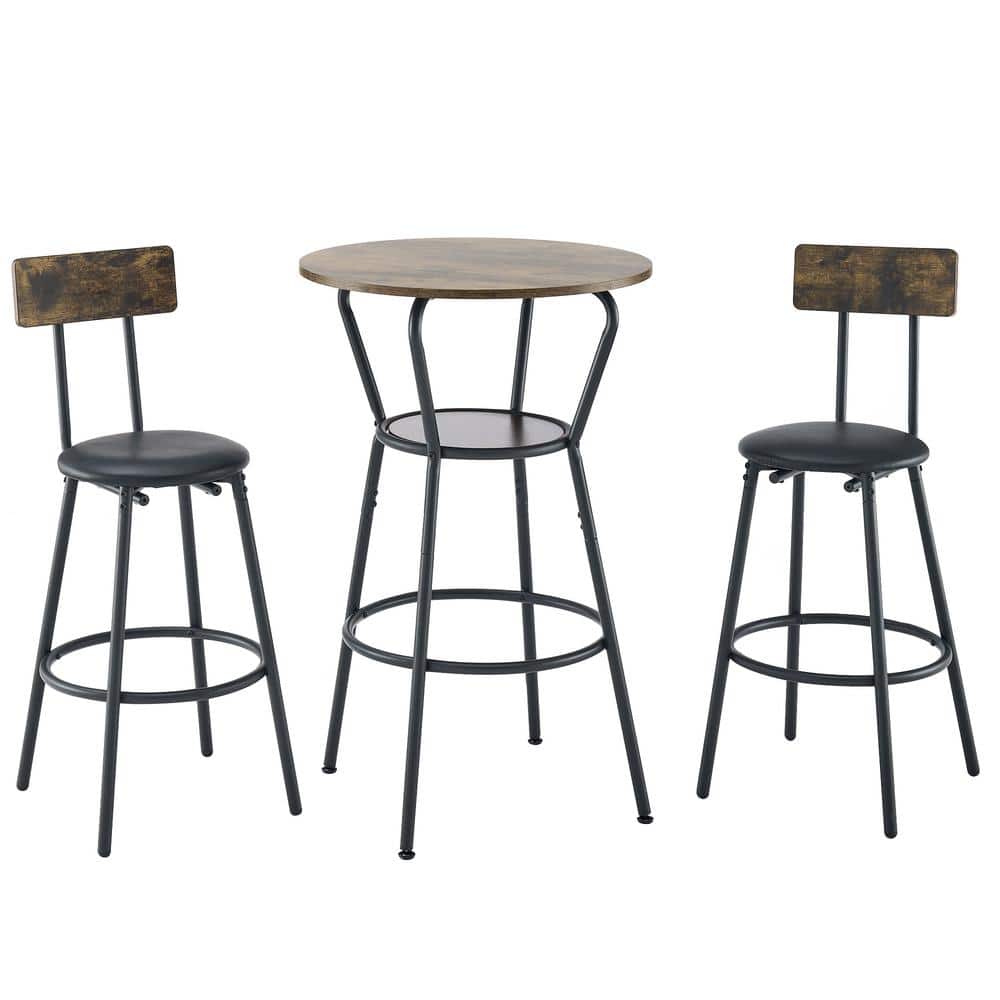 3-Piece Metal Outdoor Bistro Set with Black Cushions, Wood Top Round Table 