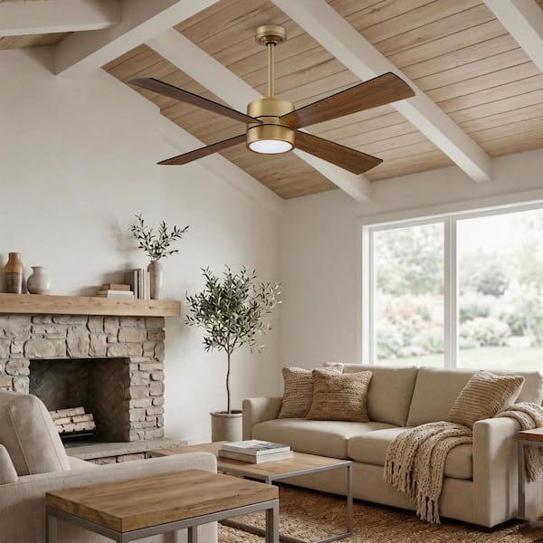 52 in. Indoor Integrated LED Natural Brass Ceiling Fan with Light and Remote Control