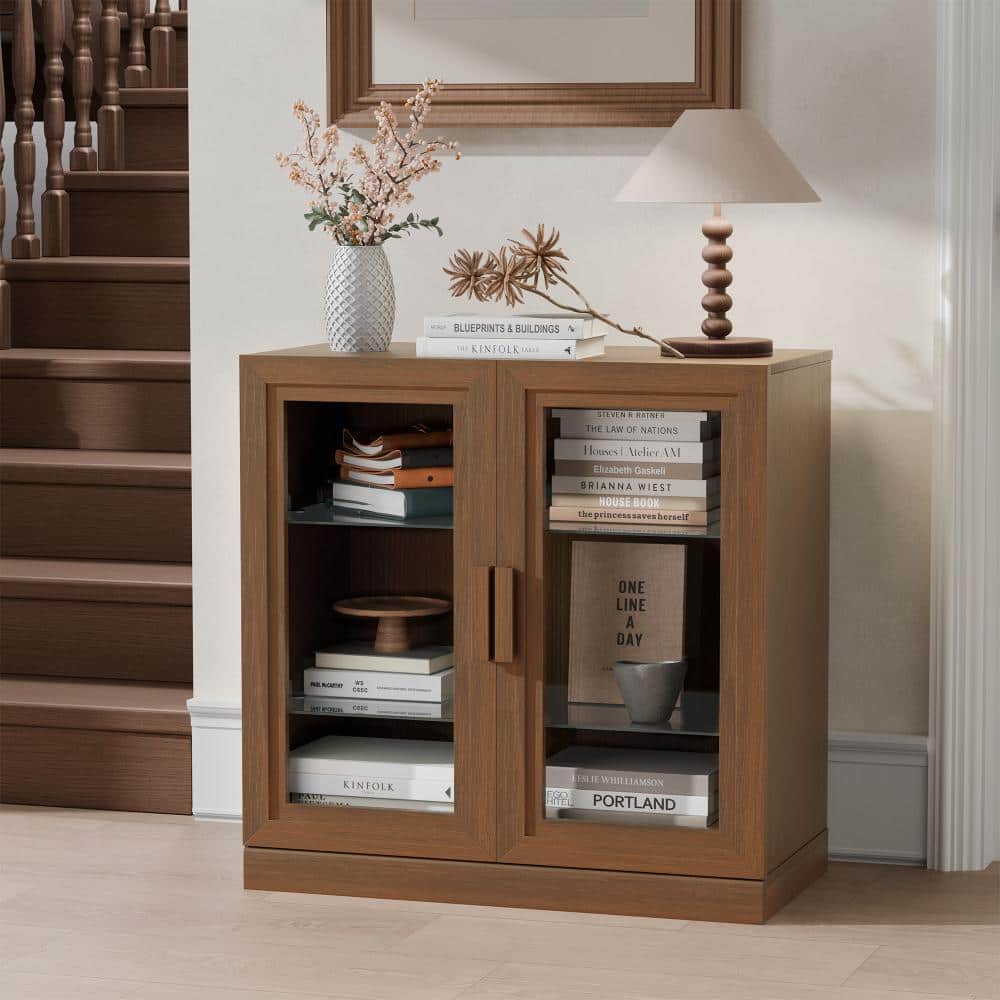 Light Walnut Wood Grain 31 in. H Storage Cabinet with Adjustable Shelves and Clear Glass Display Double Doors