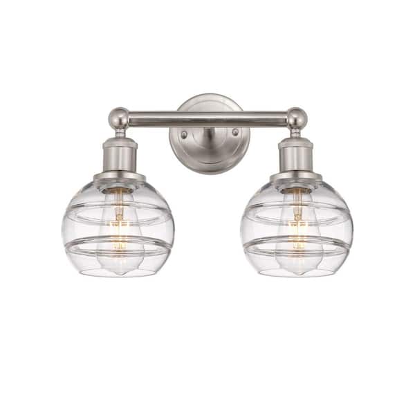 Rochester 14.88 in. 2-Light Brushed Satin Nickel Vanity Light with Glass Shade
