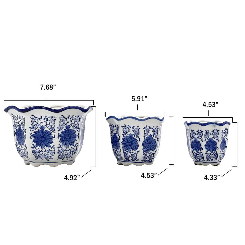 Set of 3 Blue and White Ceramic Floral Planter Pots