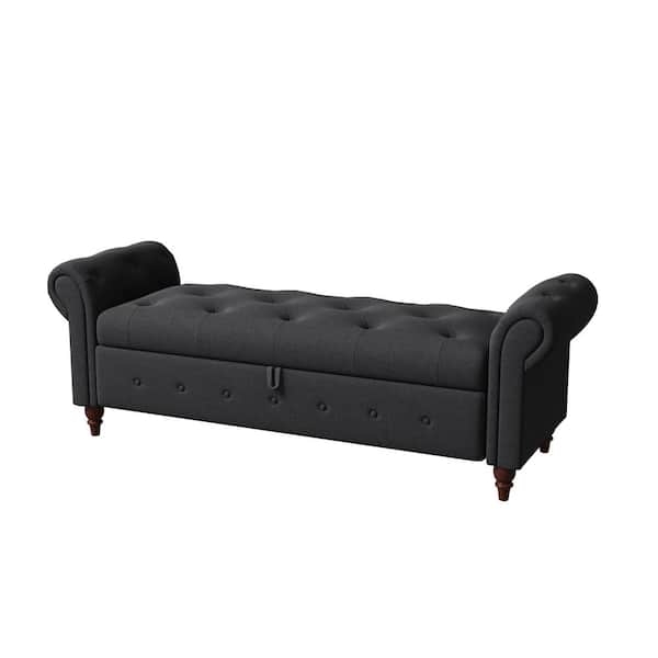 Dark Gray Tufted Armed Storage Bedroom Bench 24.4 in. H x 63 in. W x 22 in. D