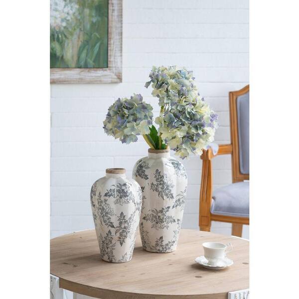 14 in. White Vintage European Pottery Ceramic Cylinder Decorative Vase 1 Piece w/ Gray Floral Design for Tabletop Mantel SW-W2078P489207