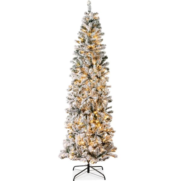 12 ft. Pre-Lit Incandescent Snow Flocked Pencil Artificial Christmas Tree with 950 Clear Lights