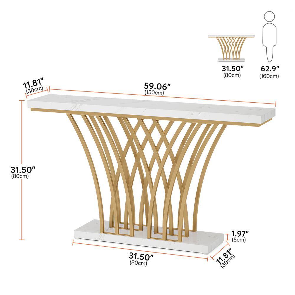 59'' Gold Console Table with White Faux Marble Top and Grid Metal Base