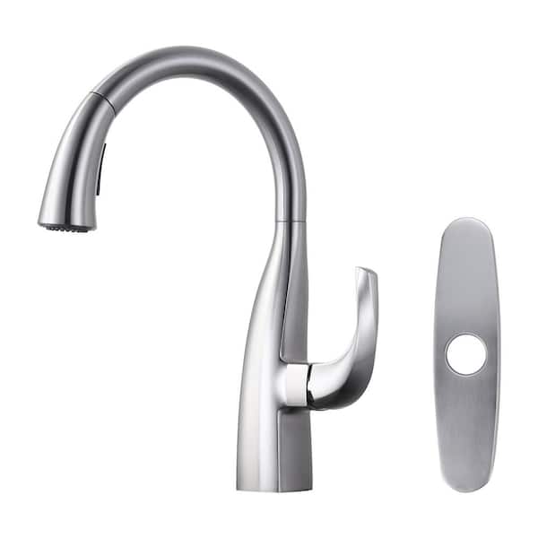 3-Mode Single Handle Pull Down Sprayer Kitchen Faucet with Swan Neck in Brushed Nickel